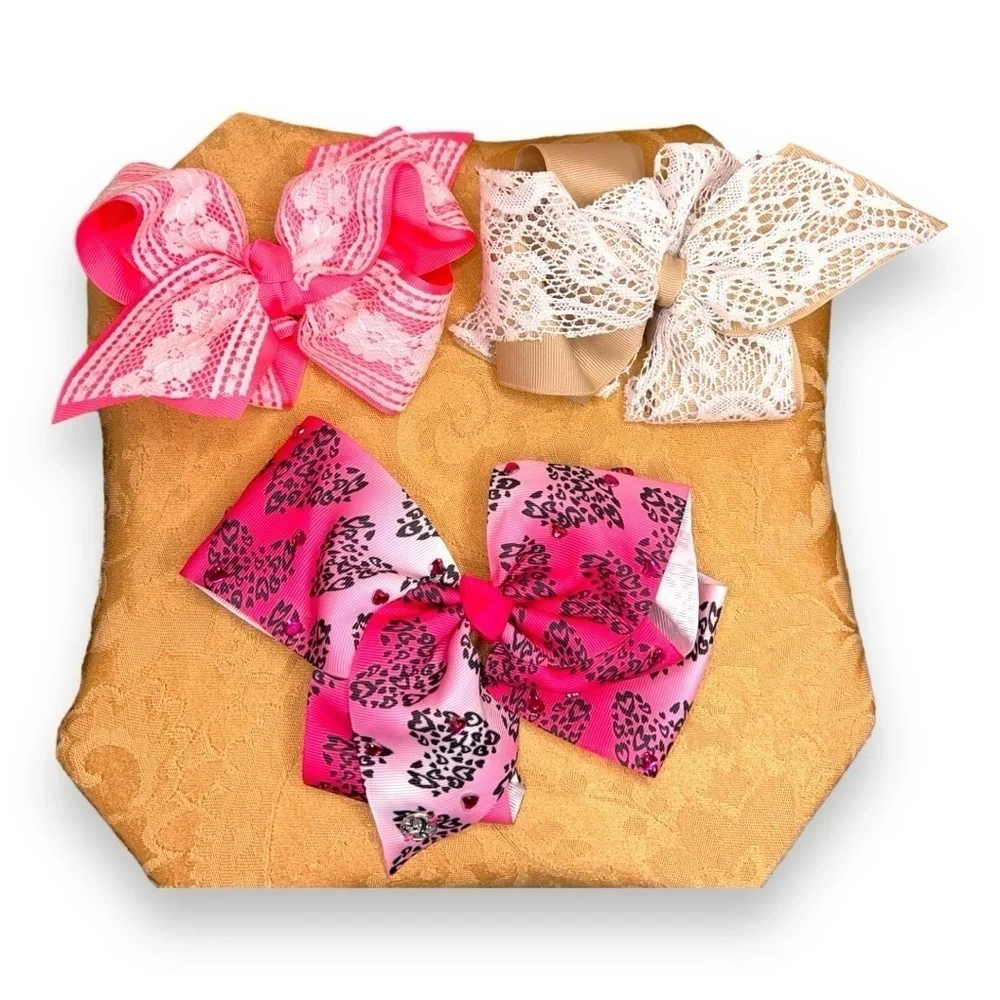 SET OF 3 PINK CHEER BOWS LACE COLORFUL LARGE HAIR ACCESSORIES
